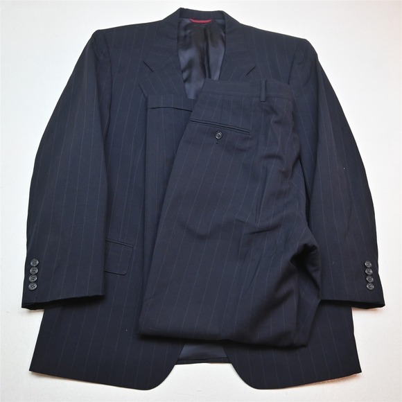 Vtg USA Made Jos A Bank 42S 34x30 Blue Striped 100% Wool Mens Jacket Pants Suit